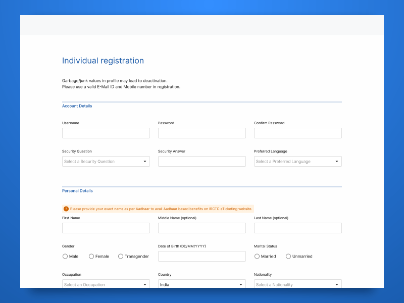 Day 001 of Daily UI - Sign up booking dailyui dailyui 001 figma hyderabad india interaction design irctc redesign registration sign up ui design user inteface ux design visual design