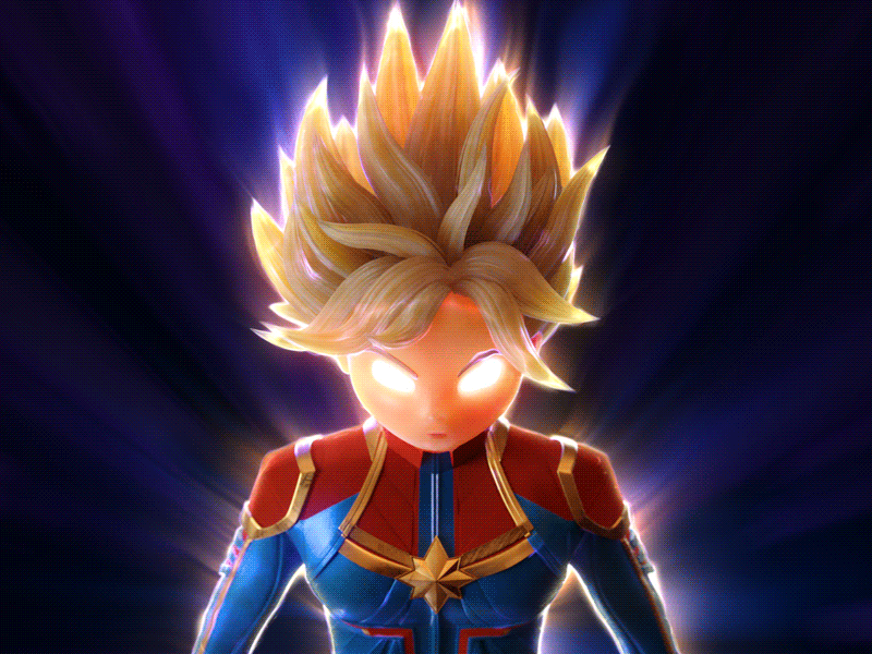 Captain Marvel Super Saiyan V2 3d 3d animation 3d art adobe animated avengers blender captain marvel cg comics cute dragonball energy flare glow hyderabad illustration marvel mashup motion