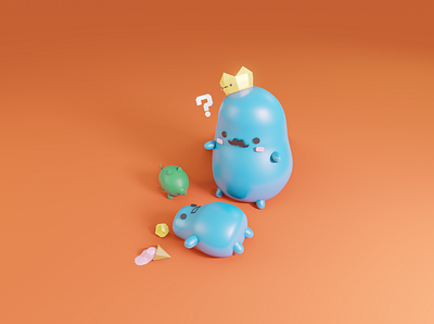 The Blue Family 3d blender blender3d blob blue crown family green icecream illustration pig shapes