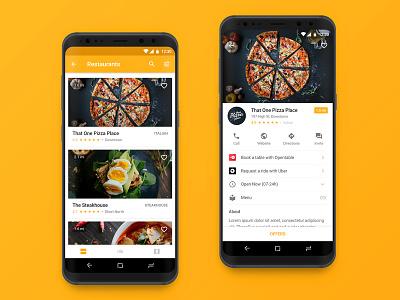 Restaurants Android App android app coupon design discount food google material pizza restaurant ui yellow