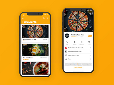 Restaurants App iOS app design discount food food app google interace ios iphone material mobile pizza ui user interface yellow