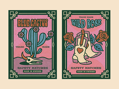 Safety Matches boots cactus colorful cowboy cowgirl illustration match box matchbox retro rose southwestern vector western wild west