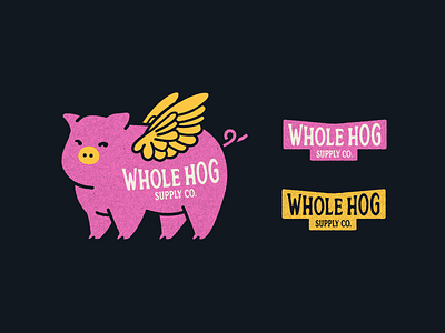 Whole Hog Supply Co. animal branding character colorful farm hog illustration logo oink pig pink retro supply co vector vintage wings yellow
