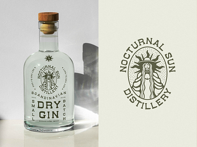 Nocturnal Sun Dry Gin alcohol bottle branding colorful design distillery gin illustration illustrator logo packaging retro vector