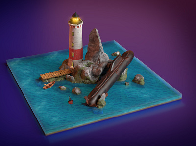 3D diorama island 3d diorama island lighthouse submarine