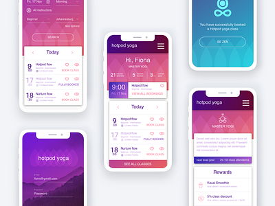 Hotpod yoga app redesign app booking app experimental gradients login pink purple redesign responsive website rewards search search result yoga