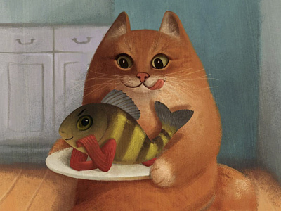 Hungry cat and fish book character colors concept art digital draw illustration layers painting photoshop sketch