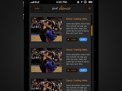 Ijust Item List Screen dance app ios ap iphone app