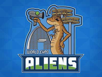 MIB World Expo Aliens Logo alien aliens blaster blue green light blue mascot men in black mib orlando retro space sports logo sticker theme park universal universal studios vector