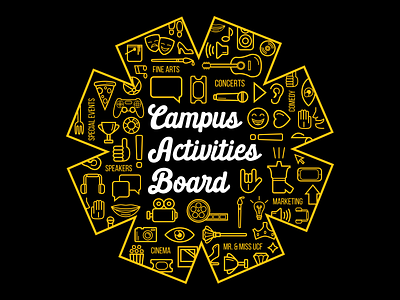 UCF Campus Activities Board Design activities arts board campus college comedy concert events gold icons line logo movies pageant pattern simple speakers ucf yellow