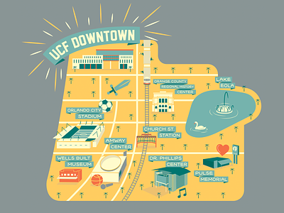 UCF Downtown Shirt campus city city guide downtown orlando florida fountain green icons illustration landmarks map museum orlando roadmap roads shirt train ucf ucf downtown yellow
