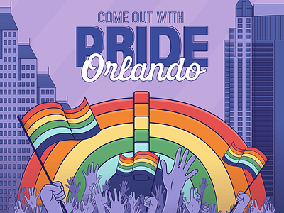 Orlando Come Out With Pride buildings city cityscape downtown flags florida hands illustration lgbtq lineart multicolor multicult orlando pride purple rainbow simple skyscraper ucf vector