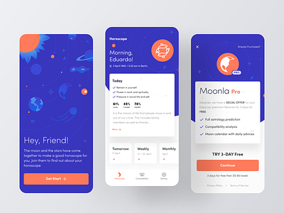 Moonla App app app design applications astrology design horoscope icon illustration logo minimal moon night subscription typography ui vector zodiac