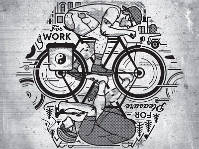 For Work & Pleasure bike biking commuter cycling flip flop halftone illustration racer randonneur rider twin six