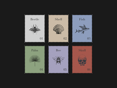 Postage Stamps bee beetle fish graphic design illustration palm postage stamp print shell skull vintage