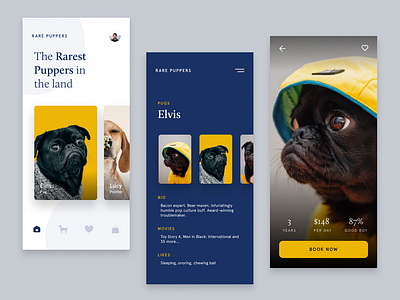 Rare Puppers android apercu app booking bookings calluna design dog flat icon ios pet pug pup pupper responsive ui ux web