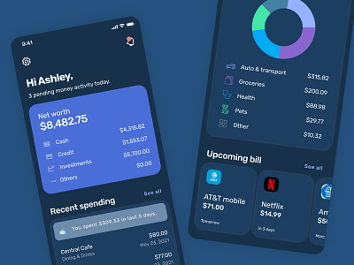 Personal finance app dashboard - dark mode