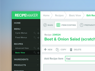 Recipe Manager UI clean dashboard food fresh green management recipe