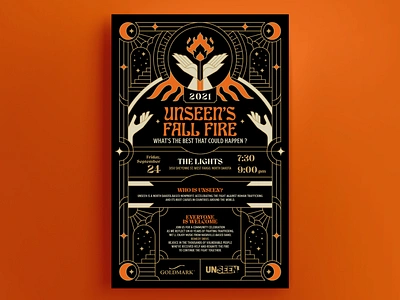 Unseen's Fall Fire Poster artdeco artprint branding community design event fire geometric gold graphic design hand illustration line lineart logo minimal monoline poster posterdesign print