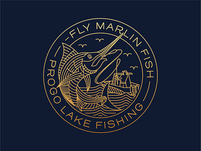 Fly Marlin Badge apparel badge branding clothing design fisherman fishing geometric gold illustration line lineart logo minimal monoline outdoor print simple sticker t shirt