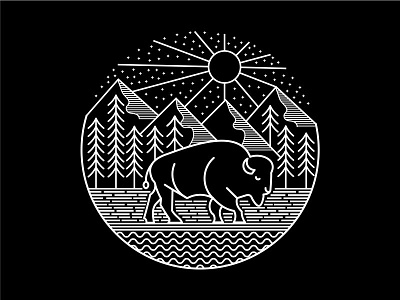 Bison and Forest adventure bison identity lineart logo mark minimal monoline mountain sun symbol trees