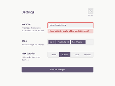 Settings Modal - Eldritch Radio fediverse form mastodon modal radio settings ui