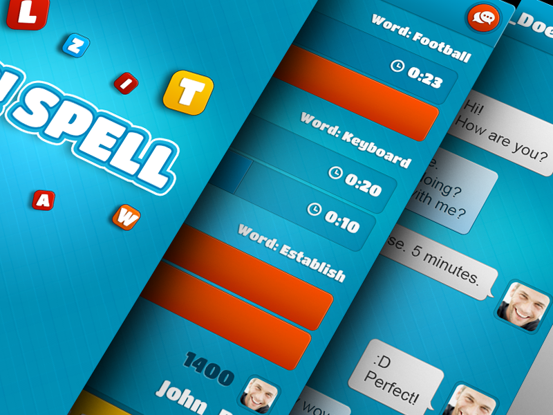Ok!Spell splash result time iphone app chat letter blue colors ux orange ui