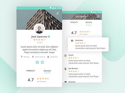 Profile-Review Screen android e commerce mobile profile rating review turquoise ui ux