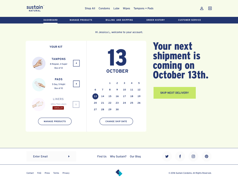 Sustain Natural | Account Dashboard e commerce ecommerce pdp product detail page