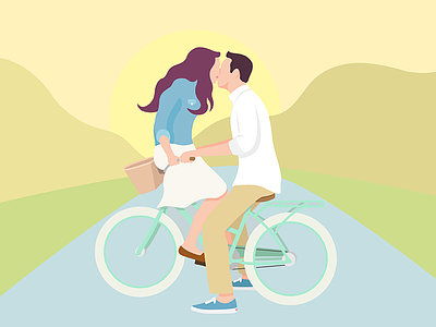 Best Friends biking husband illutration kissing lovers sunset wife