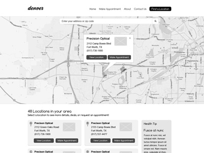 Denver Wireframes Find A Location eyecare planning website wireframes