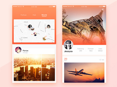 Some pages of social app app mobile orange social ui