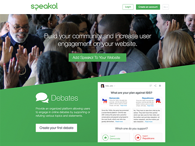 Speakol For Publishers commenting comments debate debates discussion green home page homepage publishers speakol ui user interface