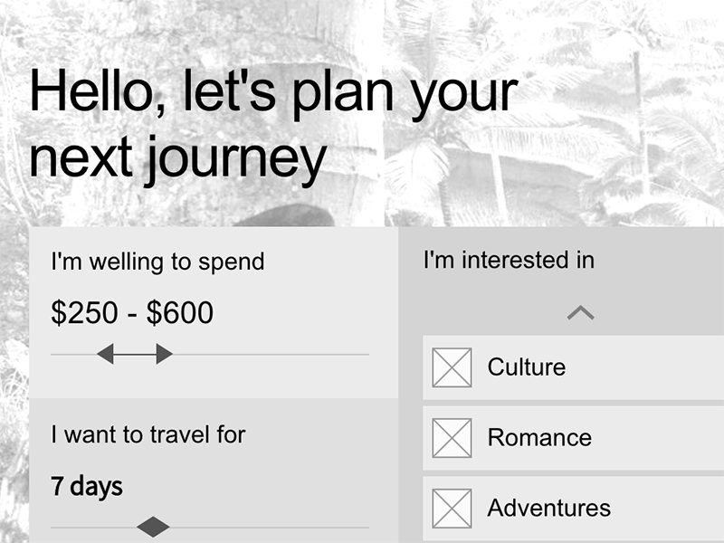 Trip planner blocks labels list plan planner scroll search slider travel trip wireframe wizard