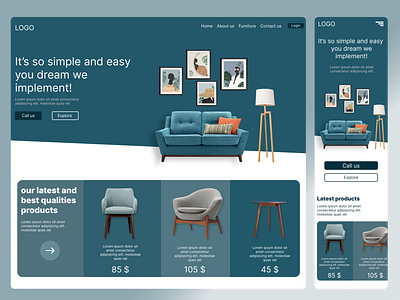 Furniture shop Landing Page app blue branding chair design furniture lamp landing landingpage powderblue shop sofa ui ux web