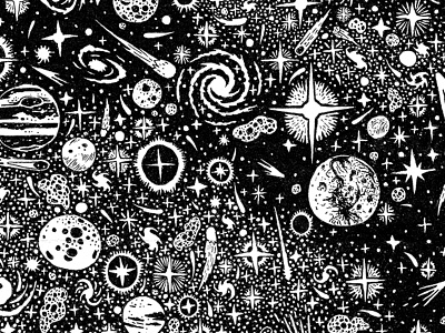 Space drawing for Adult Swim astronomy black and white illustration space stars
