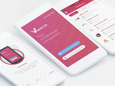 Review design Voxxrin2 app carousel connexion gradient list login menu mobile nav slide tour ui