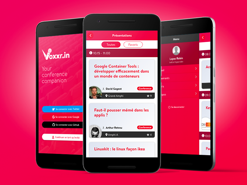 Voxxrin 2 graphic interface mobile menu nav login dashboard card list webdesign event conference ui ux mobile app