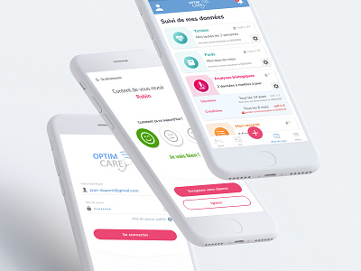 Optim'Care - E-santé access accessibility app connection design esante graphic iconography input interface list login mobile nav profile question mark testimonial tour ui ux