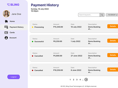 Payment Transaction History Page for Bling history mockup payment payment history transaction transaction history ui