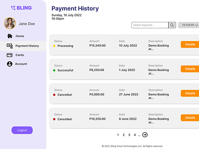 Payment Transaction History Page for Bling