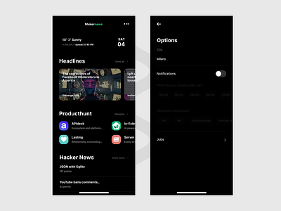 Makernews – news feed animated app design feed inteface mobile news news app news feed producthunt products settings toggle ui ux