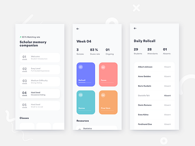 Scholar memory companion app clean colors design information architecture minimal mobile quiz stack ui ux white