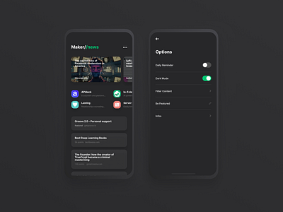 Makernews v2 🐊 android app black dark design feed figma interaction ios iphone x mobile mockup news news feed ui ux