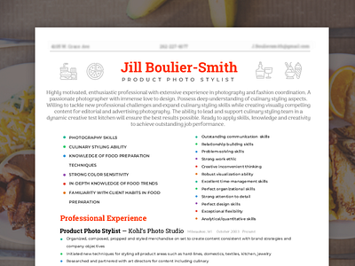 Resume design for product photo-stylist career food job job cv milwaukee photo product resume resume cv resume design wi