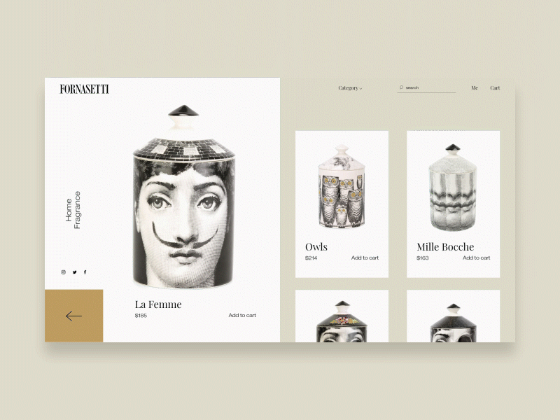 Product page of Fornasetti UI/UX adobe xd animation branding design e commerce fornasetti ui ux web website