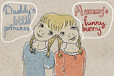 Daddy's little princess and mummy's funny bunny card conjoined twins girls illustration postcard texture twins