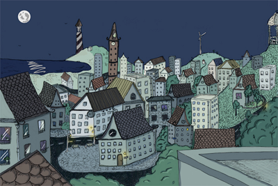 night town illustration night village