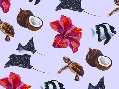 Pattern Nātura Fenua • L'atelier d'Ape acrylic animals branding coconut design fish graphic design illustration illustraton illustrator painting pattern tahiti ui