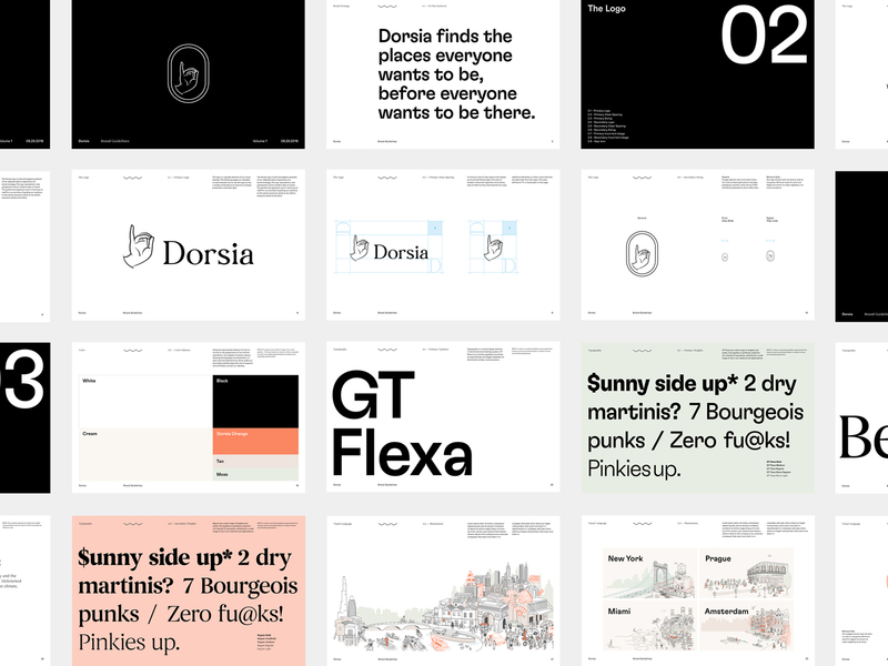 Dorsia - Brand Guidelines brand brand identity brand strategy branding design system guidelines illustration logo travel app typography